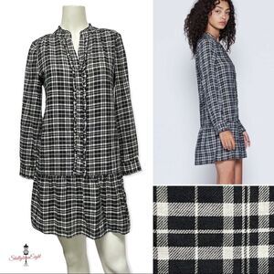 JOIE Kaisa Plaid Black White Check Ruffle Drop Waist Mini Dress Dollcore XS 2 4